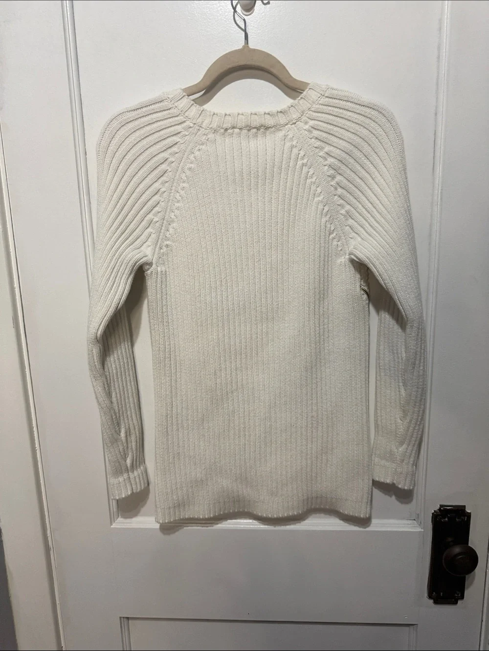 Michael Kors White Cable-Knit Crewneck Sweater with Side Zip Detail